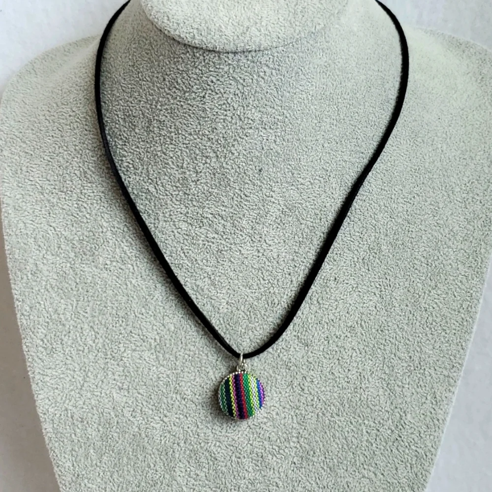 Mens striped fabric charm black suede necklace
